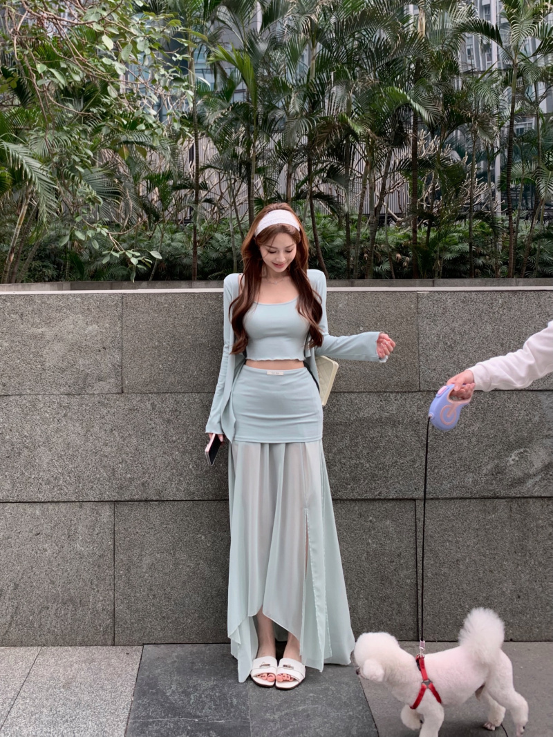 Real photos purely slim curly knitted small suspender slim cardigan chiffon tiny skirt hem short skirt suit