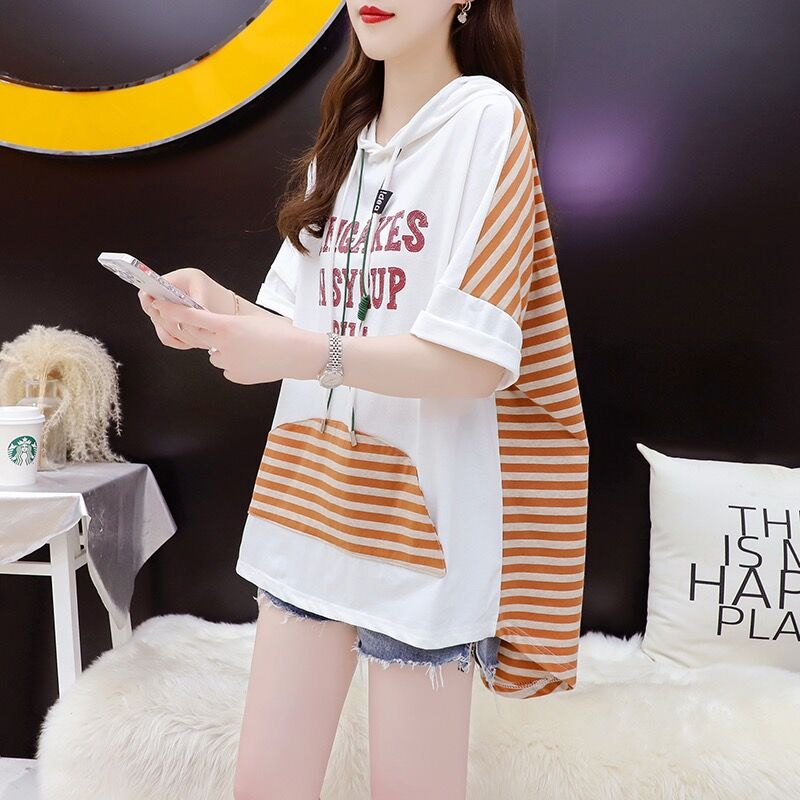 Pure cotton quality/95% cotton 5% spandex/rear collar hooded medium-length heavy industry short-sleeved T-shirt for women