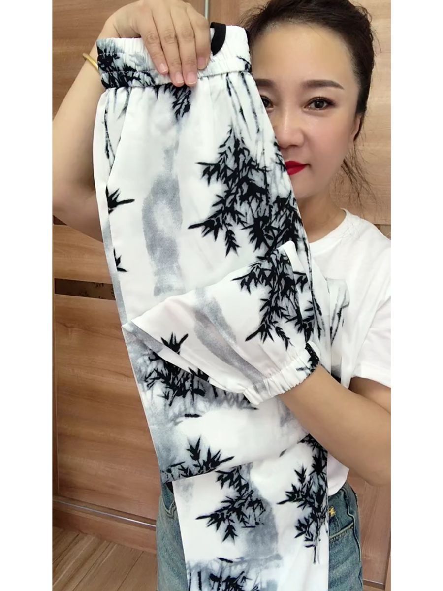 Summer ice silk ink and bamboo print dye cool breathable shake pants fashionable and fashionable nine-point casual pants versatile Harem pants