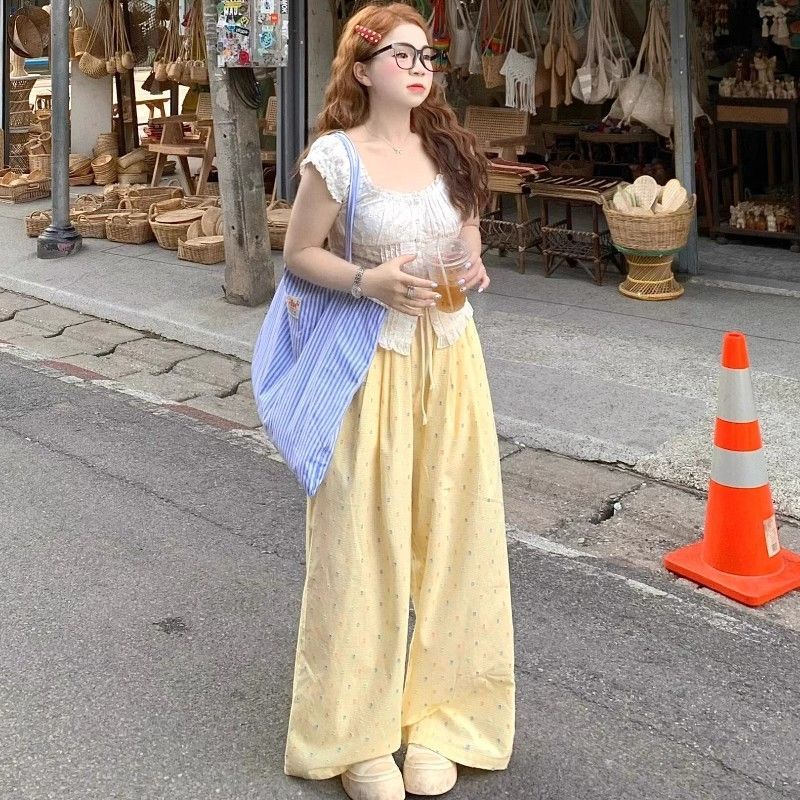 Dopamine thin yellow trousers spring and summer new high-waist niche design colorful polka dot straight wide-leg pants for women