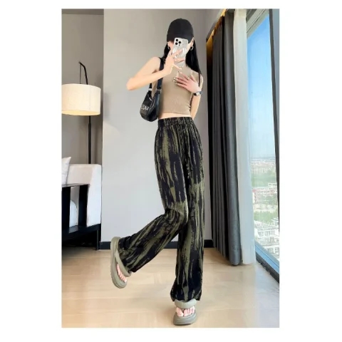 Ink-dyed ice silk wide-leg pants for women 2025 new summer thin draped high-waist chiffon casual straight pants