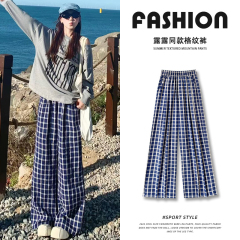 Original pleated plaid vintage blue plaid casual pants for women new high waist straight floor wide-leg trousers