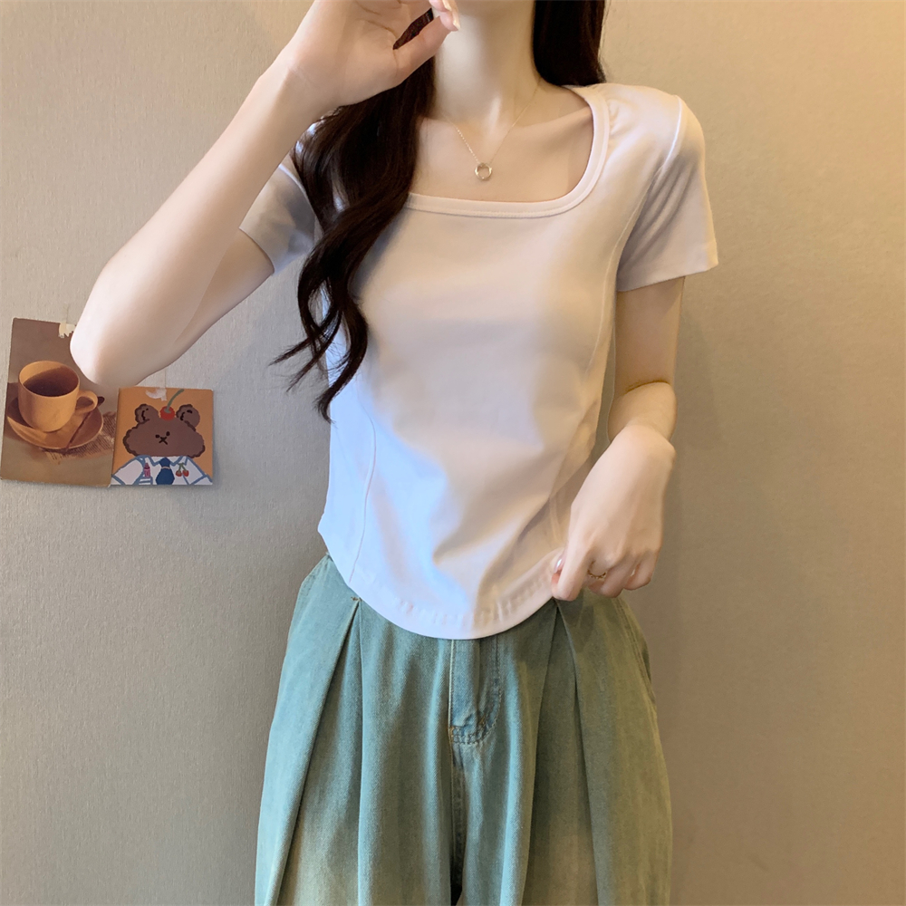 實拍  40支純棉210克92棉/8氨綸方領設計感短袖T恤女