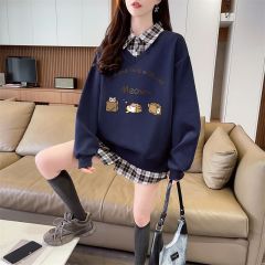 Real shot of 2025 spring and autumn back collar twill, thin top POLO collar plaid sweatshirt for women