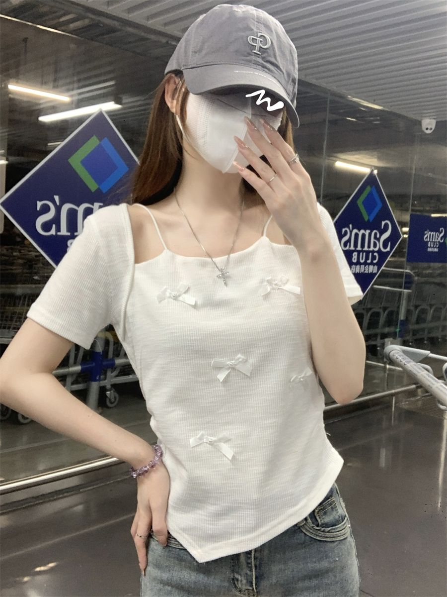 不規則短袖T恤女2025夏季新款顯瘦蝴蝶結設計甜辣上衣