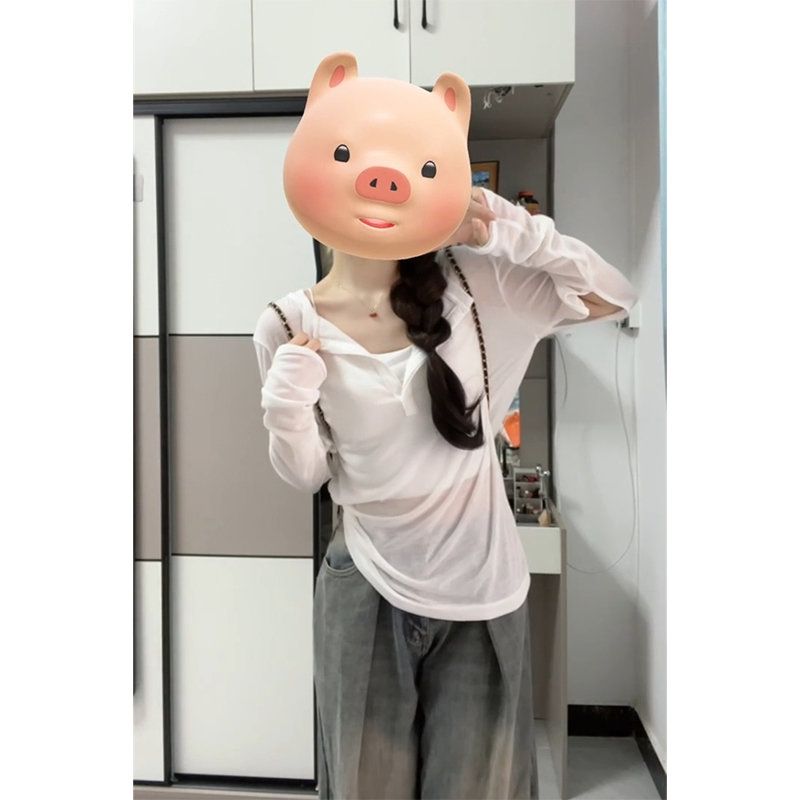 純欲風白色T恤女夏季新款薄紗防曬v領長袖罩衫寬鬆慵懶小眾上衣女
