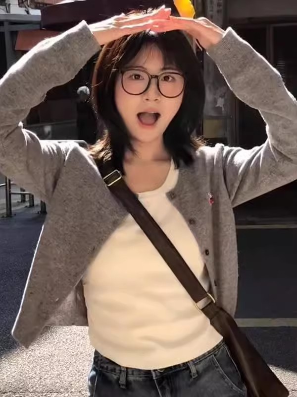學院風辣妹針織開衫女春季櫻桃刺繡修身顯瘦慵懶風短款外套上衣潮