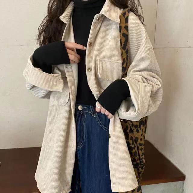 復古燈芯絨襯衫女春秋2025新款韓版寬鬆慵懶風中長款襯衣外套上衣