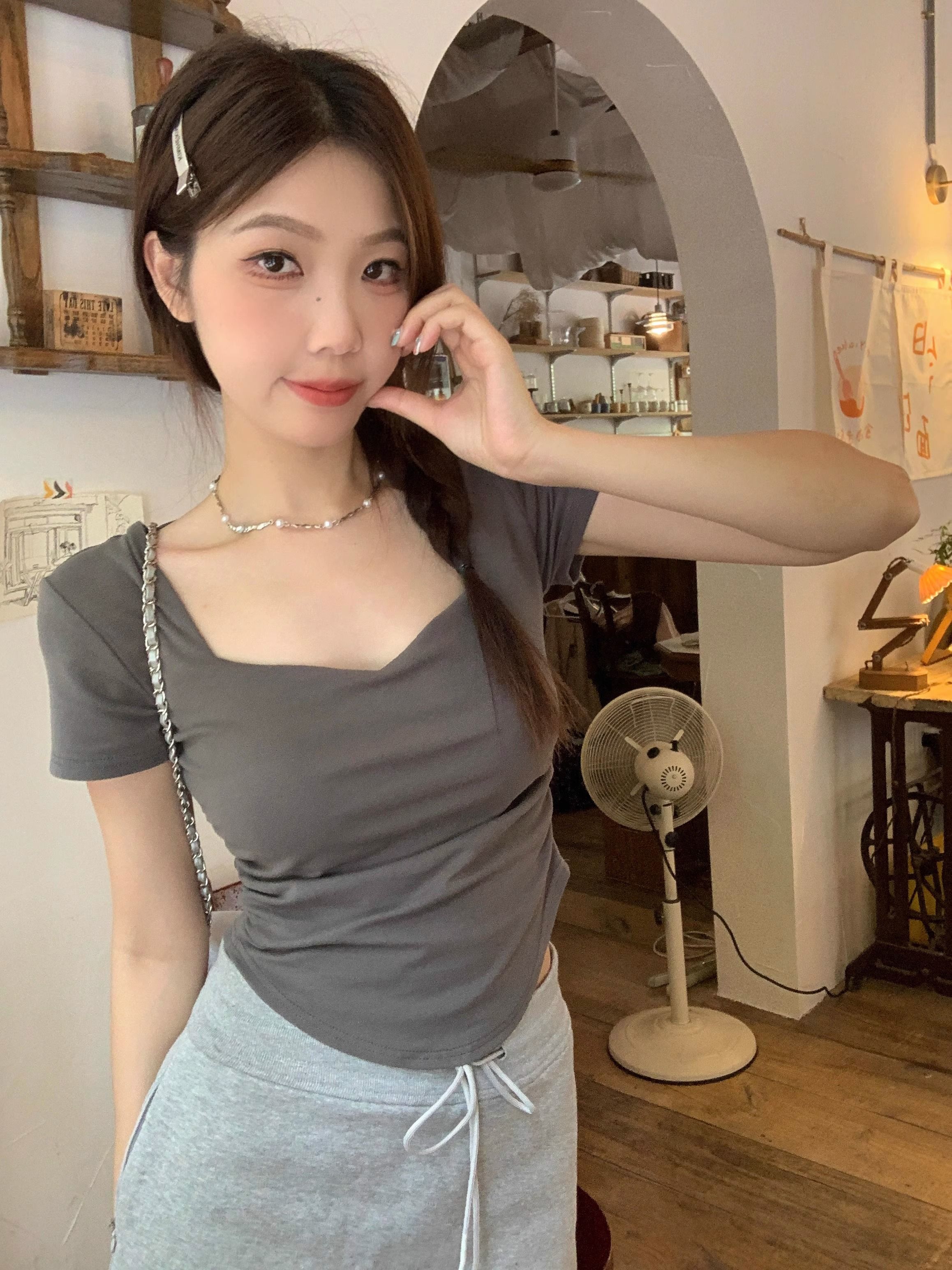 純棉 夏季新款褶皺修身桃心領純欲百搭正肩純色簡約鎖骨上衣T恤女