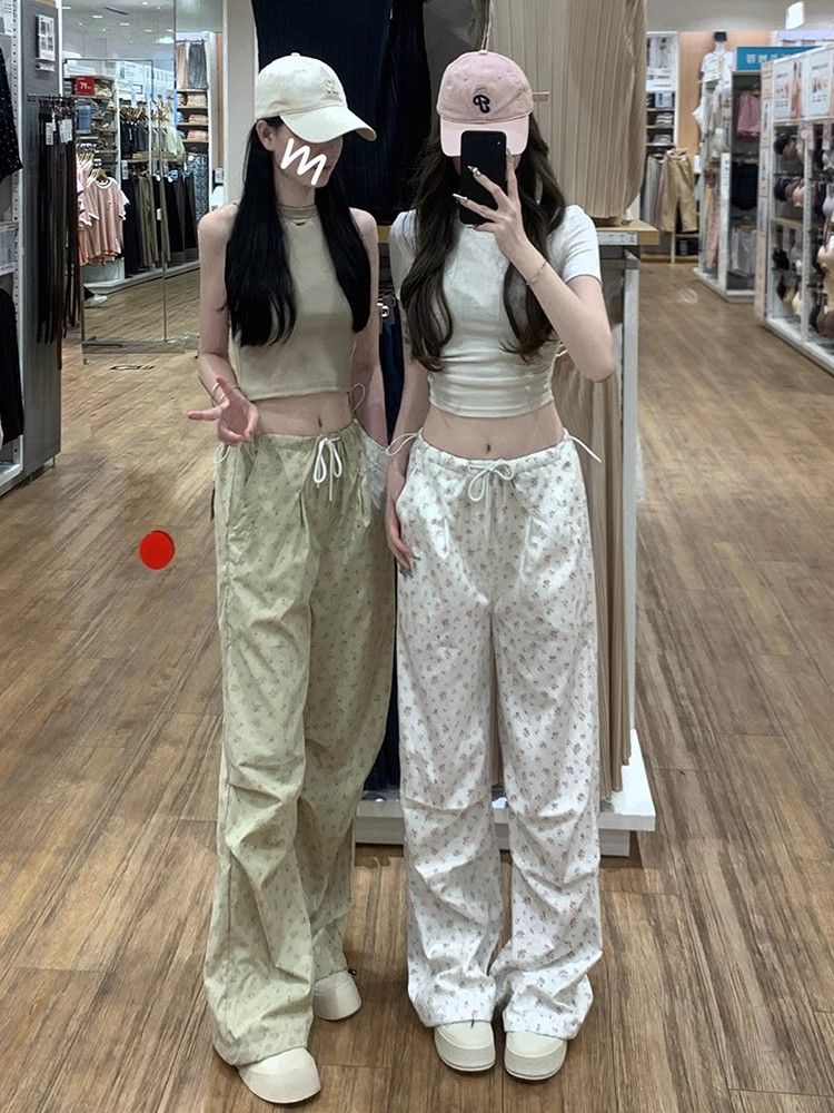 Floral work pants for women in summer thin 2025 new high-waist loose casual wide-leg pants American white sports pants