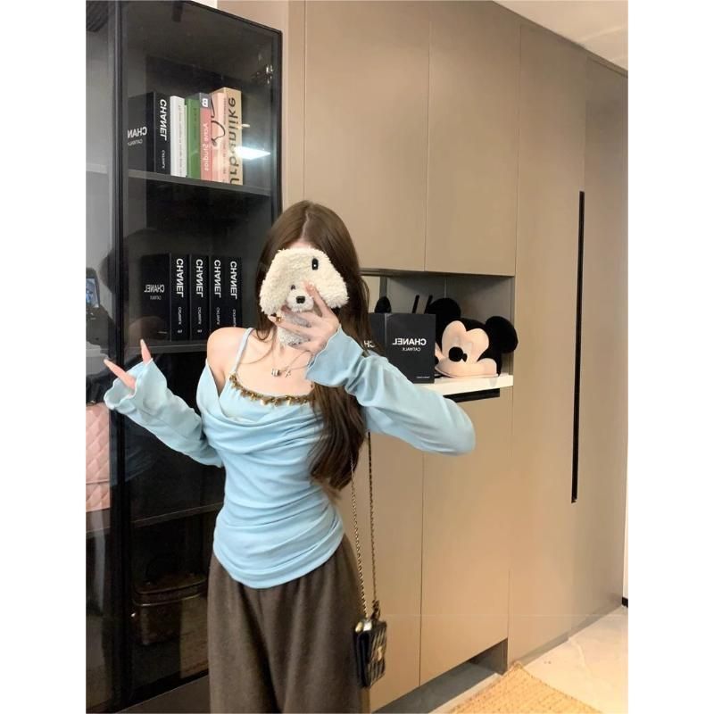 德絨 1*1假兩件亮片吊帶長袖T恤女