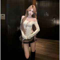 1*1人棉260克白色一字肩T恤女綁帶修身純欲長袖上衣