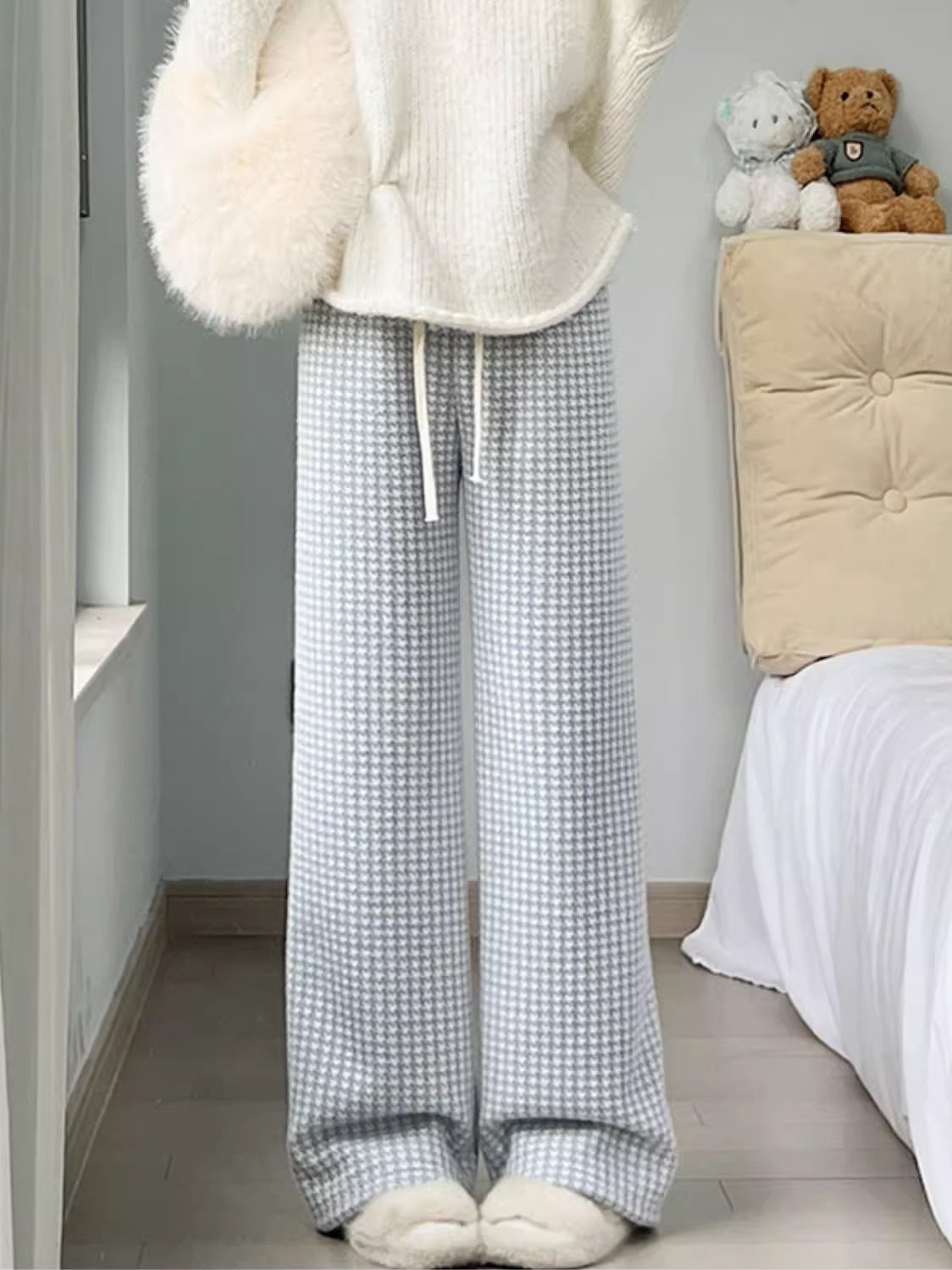 Houndstooth wide-leg pants for women in spring and autumn 2025 new small loose straight glutinous rice pants