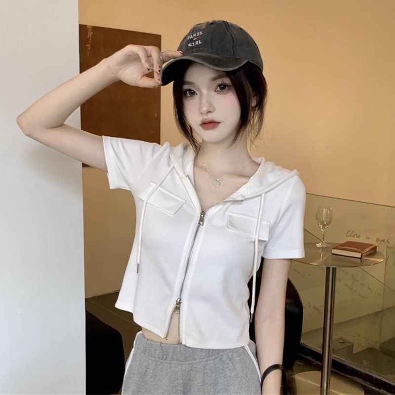 小香風薄款連帽短款T恤女小個子拉鏈上衣白色外套防曬