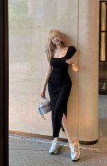 Rib pure tender hip-cover skirt with backless sexy short-sleeved dress