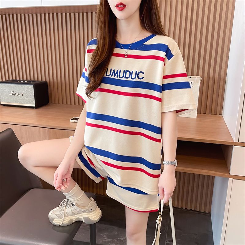 Real-life quality/back bag collar/pure cotton/loose and fashionable striped sportswear two-piece set