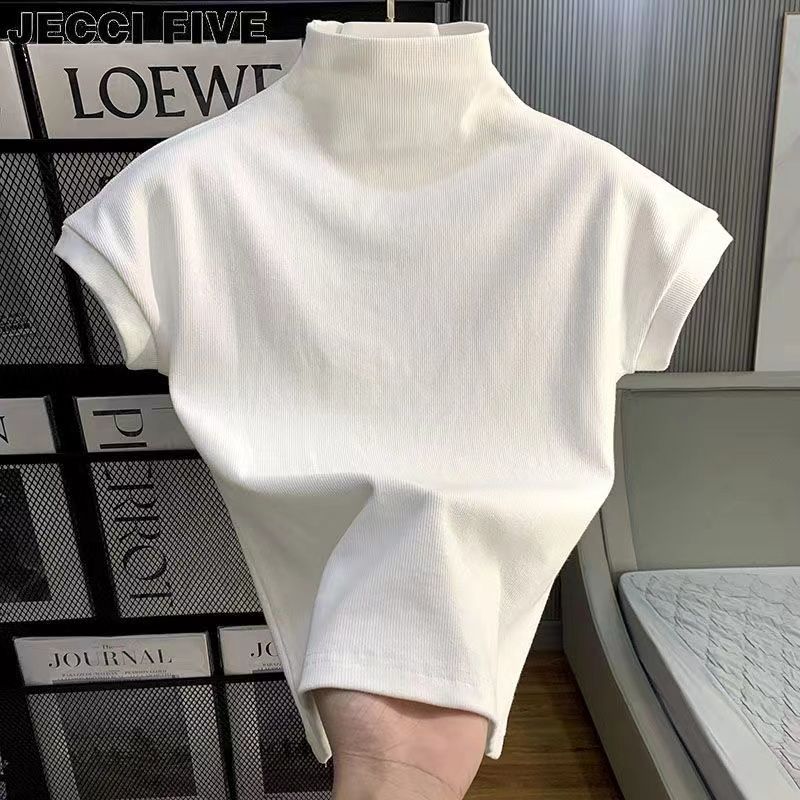 Pure cotton 32-pin pull-up stand, half-high neck short-sleeved T-shirt, versatile solid color top