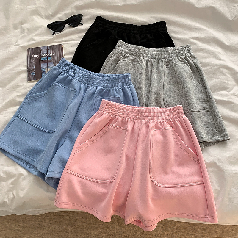 Fashionable age-reducing large pocket elastic waist casual pants 2025 summer new Korean version of women's solid color wide-leg shorts trendy