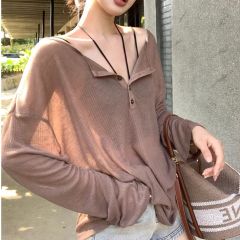 2025新款慵懶風防曬V領長袖T恤女春夏季寬鬆顯瘦純欲罩衫上衣