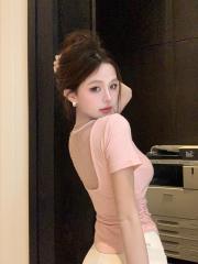 Real photo of women's summer pure U-neck slim short top
