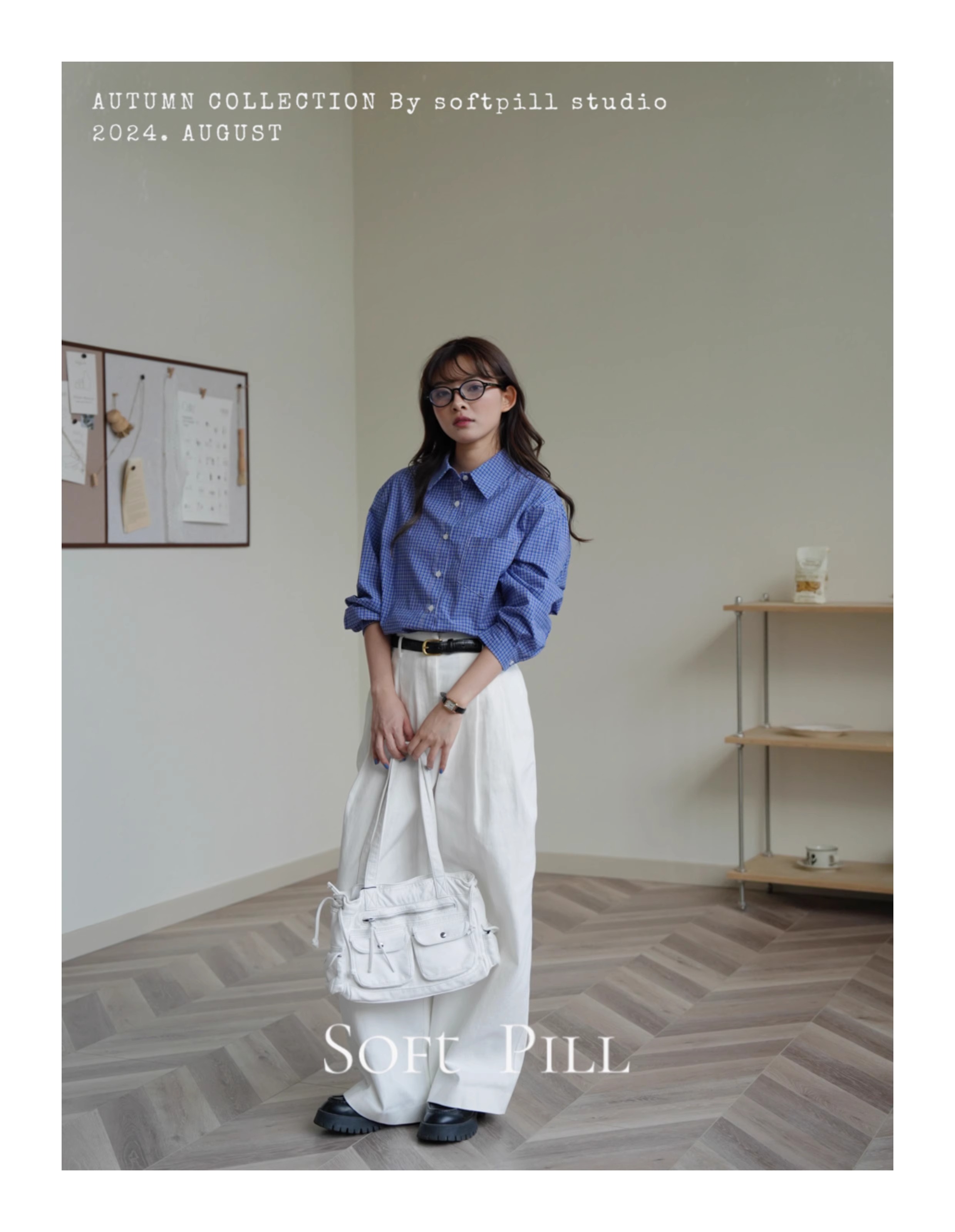 American retro blue plaid single-breasted long-sleeved shirt for women new style high-end casual loose polo collar top