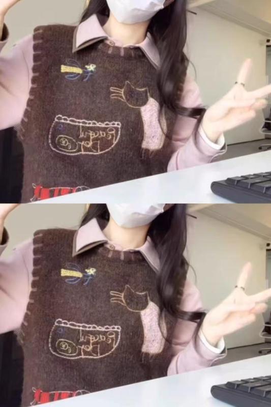 復古咖色刺繡針織馬甲背心女春季新款小個子短款疊穿馬夾外穿