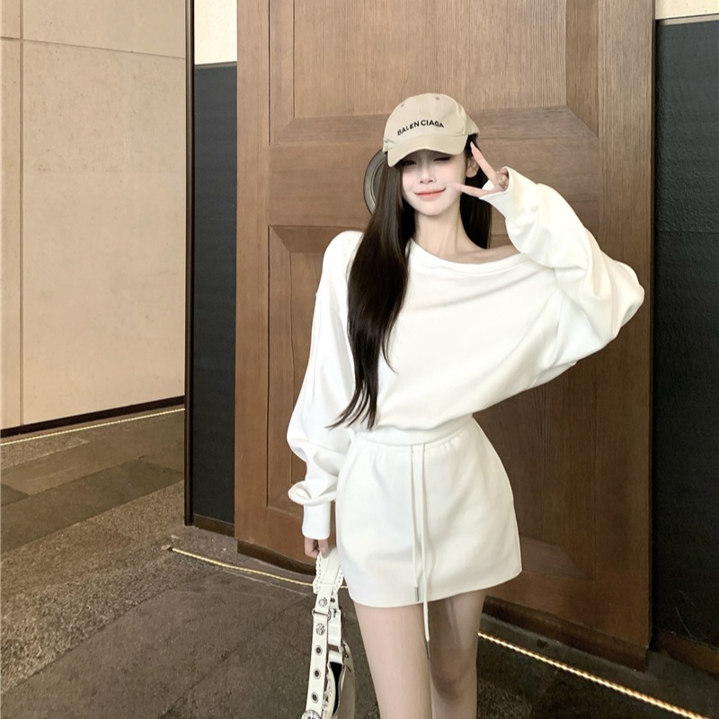 美式寬鬆休閒斜領露肩長袖上衣女秋季抽繩高腰顯瘦褶皺半身裙套裝