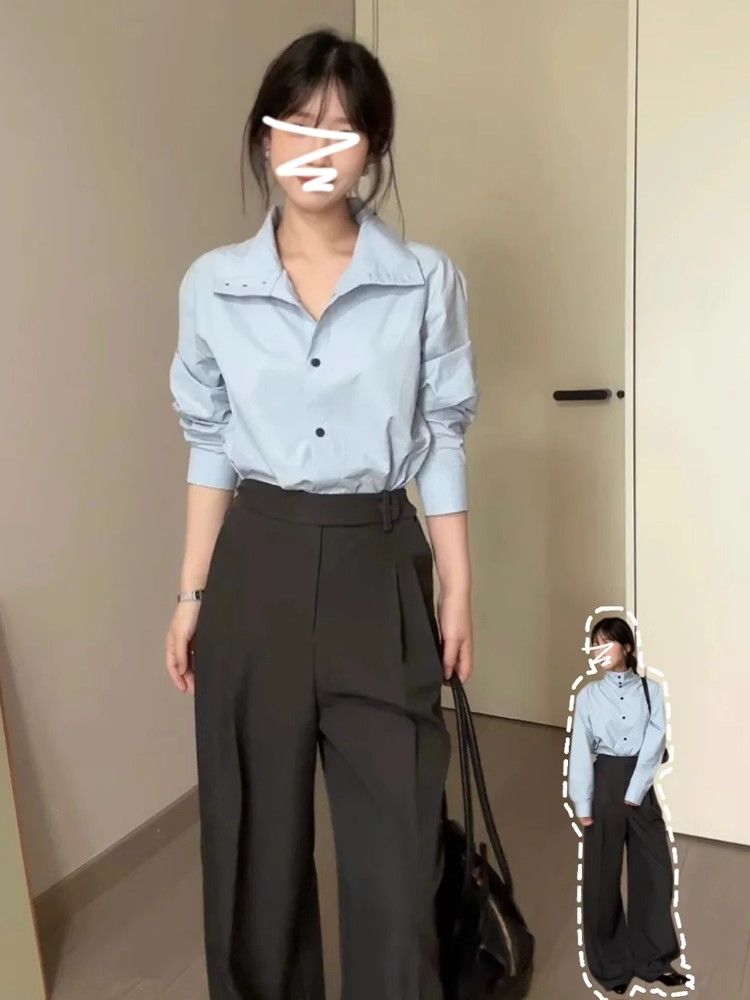 High-end French blue stand-up collar shirt for women in early spring 2025 new design unique and special long-sleeved top
