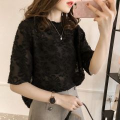 Sheer lace five-button sleeve frayed floral women's short-sleeve top summer new Korean style loose pure color base shirt