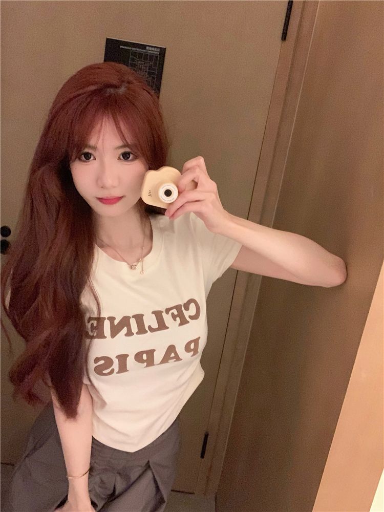 Pure cotton summer T-shirt new design pleated slim letter printed top