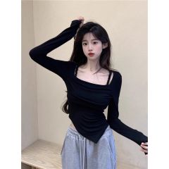 莫代爾人棉不規則短款女甜辣長袖T恤