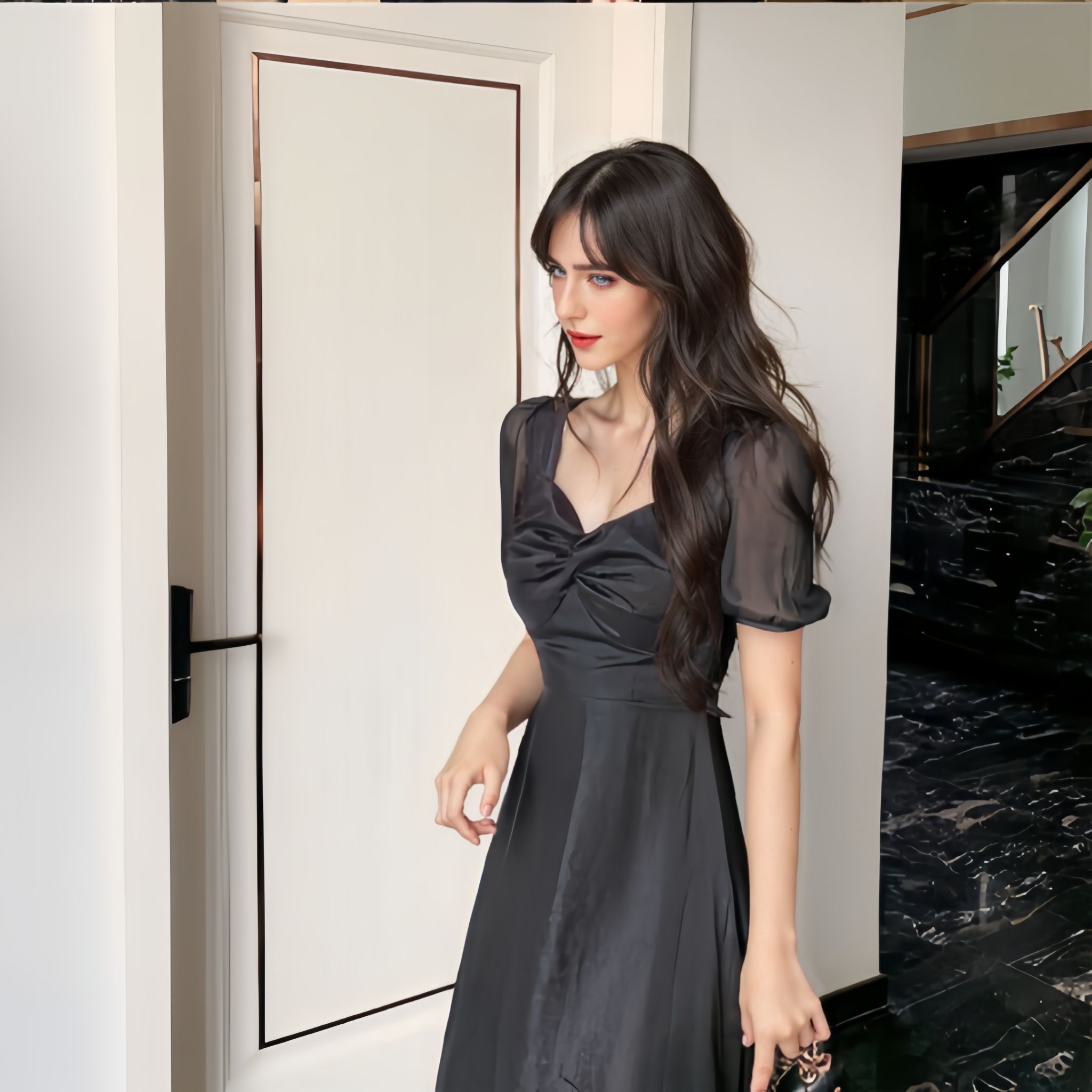 Flared sleeves sexy Hong Kong style new fashionable dress chiffon date banquet pure medium length square collar waist