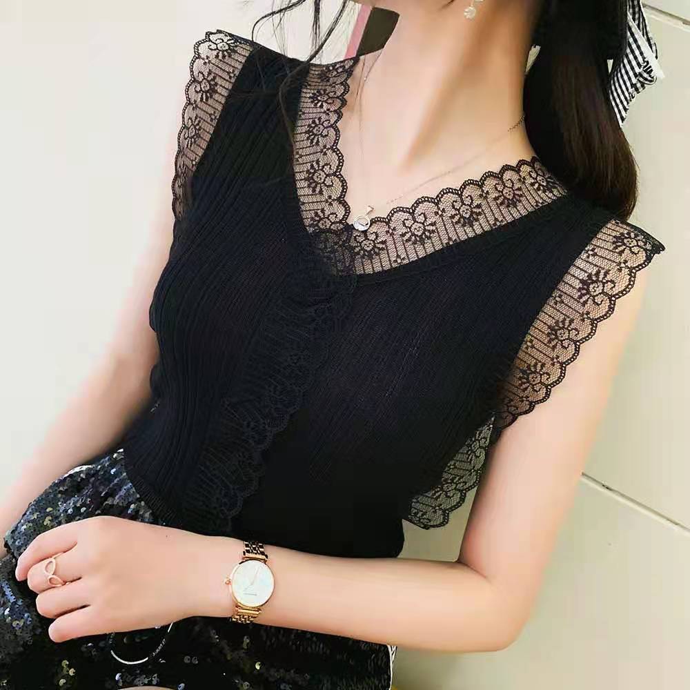甜美V領鏤空蕾絲針織小背心女韓版修身外穿內搭無袖上衣打底小衫