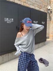 莫代爾人棉辣妹斜肩長袖T恤女夏季慵懶風寬鬆設計感露肩上衣