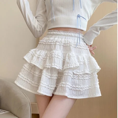 Ballet style puffy short skirt for women in summer new hot girl cake skirt high waist slim A-line lace skirt
