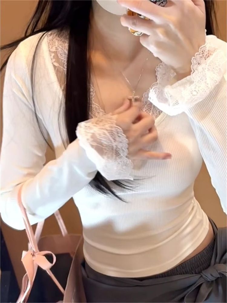 莫代爾2*2 260克 設計感蕾絲拼接蝴蝶結百搭顯瘦休閒長袖T恤女