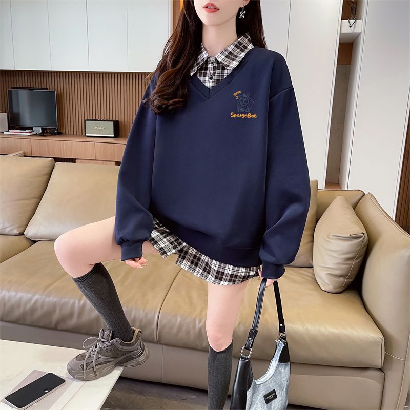 Real shot of 2025 spring and autumn back collar twill, thin top POLO collar plaid sweatshirt for women