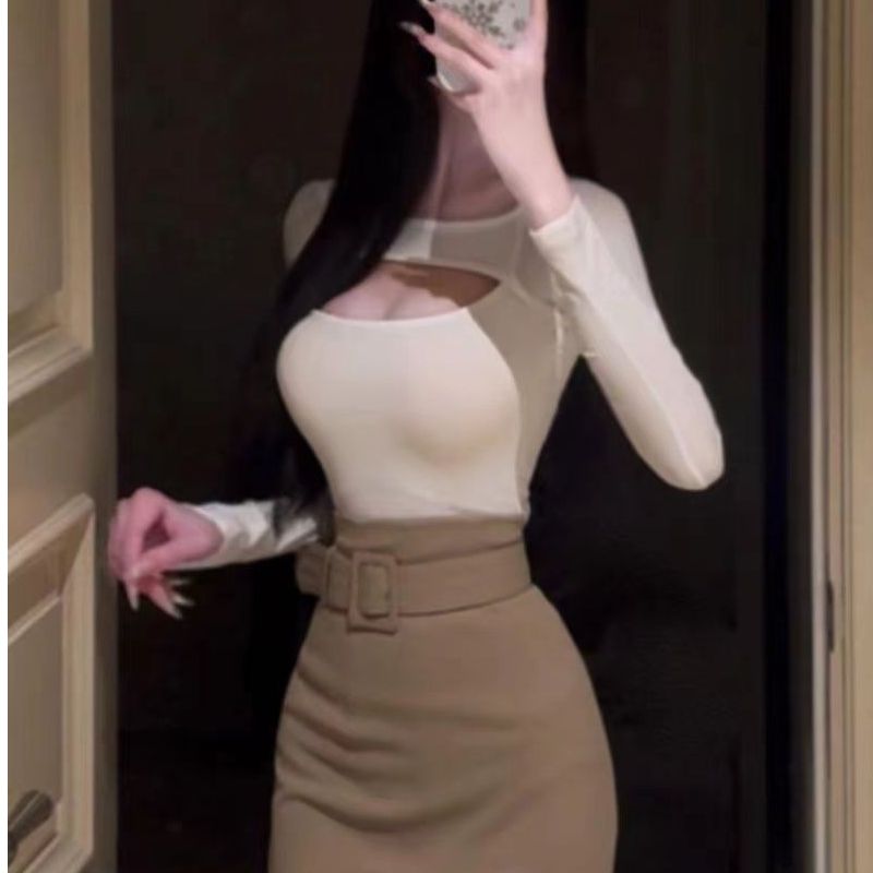 時尚套裝女早春款白色鏤空設計長袖針織衫搭配包臀半身裙子兩件套