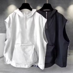 Hooded short-sleeved T-shirt for men and women, summer trendy cool solid color zip-up sleeveless top, Instagram casual loose style