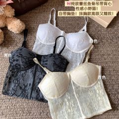 歐美辣妹性感網紗魚骨蕾絲吊帶背心小眾設計感帶胸墊胸衣