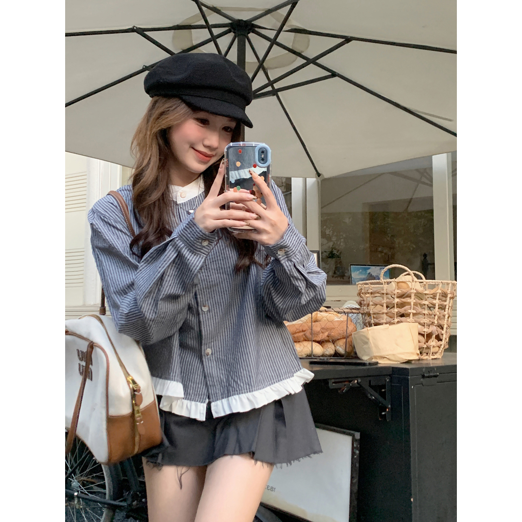 撞色氣質韓系條紋小衫2025春季新款圓領短款甜美百搭上衣長袖女裝