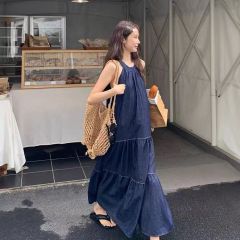 Dress with Shoulder Strap French Neckline Denim Dress for Women, Design-Focused Summer Mini V-Neck Loose and Slimming A-Line Large Swing Maxi Dress