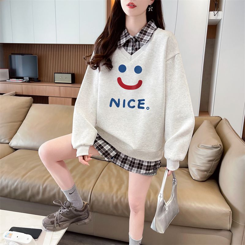 Real shot of 2025 spring and autumn back collar twill, thin top POLO collar plaid sweatshirt for women