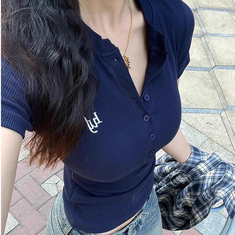國潮牌復古藏青色短袖t恤女修身顯瘦高級感名媛氣質休閒百搭上衣