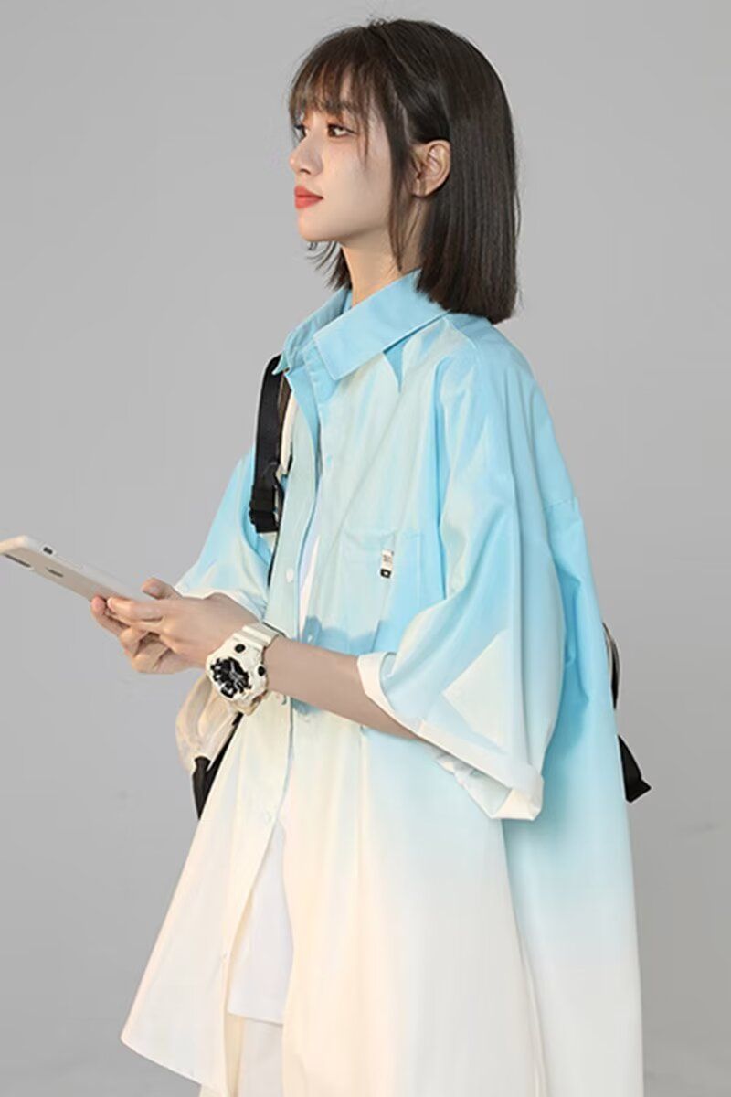 Gradient short-sleeved shirt for women in summer fashion brand loose trendy casual shirt design niche couple coat clothes