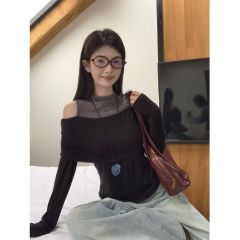 美式復古露肩長袖T恤女春秋辣妹假兩件上衣打底衫
