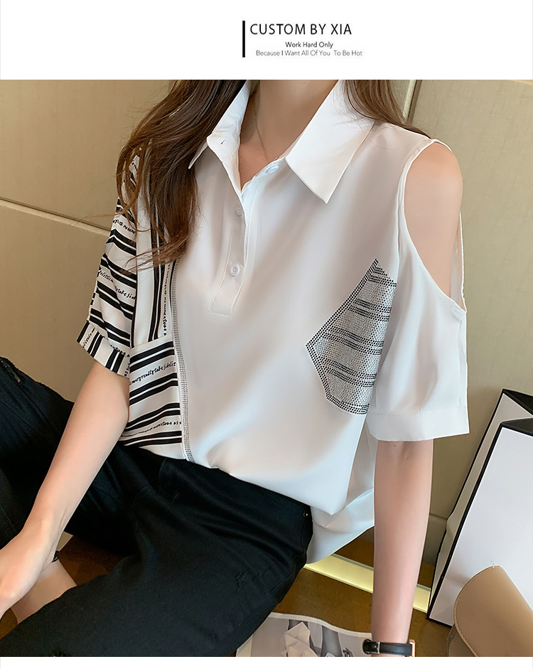 polo collar striped chiffon shirt short-sleeved T-shirt for women summer loose truffle top shirt