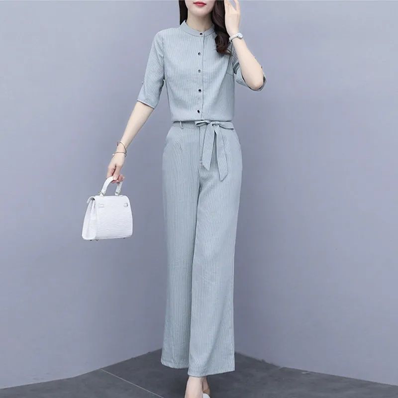 春夏季新款棉麻時尚套裝女韓版時髦洋氣條紋顯瘦兩件套闊腳褲
