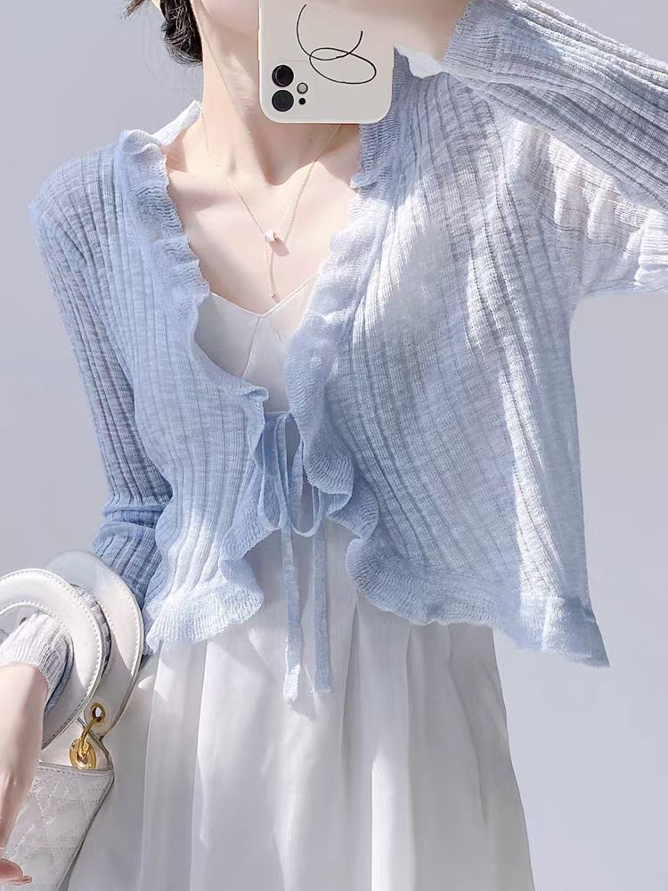 2025 spring and summer new black ear tied rope knitted short jacket flower ins trendy chic versatile shawl Korean version fresh A