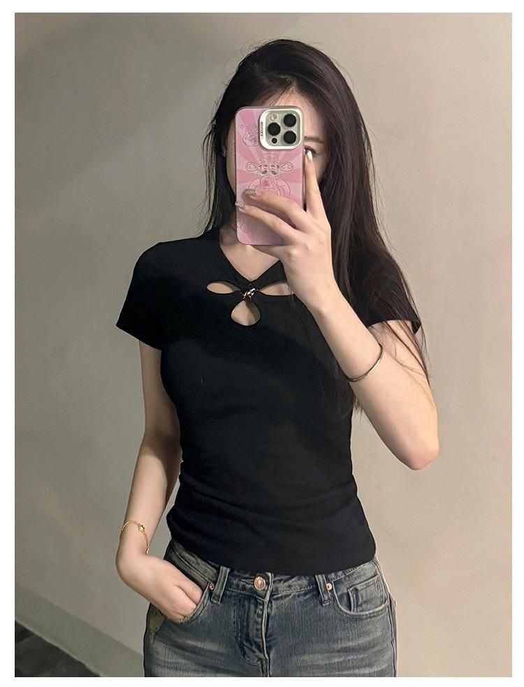 人棉260克短袖t恤女夏小眾性感鏤空別致打底衫正肩辣妹純欲上衣
